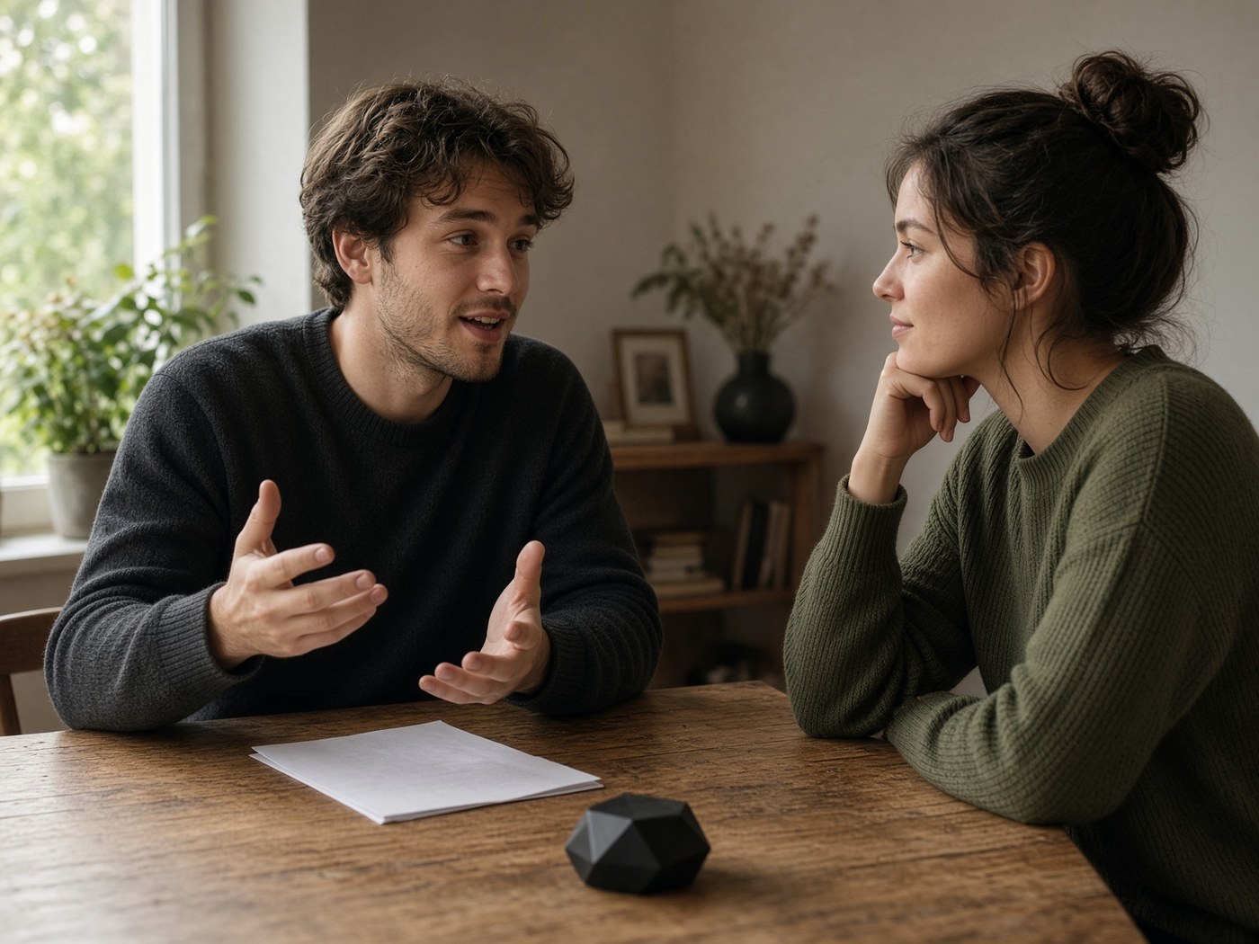Two people talking. The work is spoken, not typed into a format.